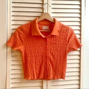 UO puckered orange button up crop top